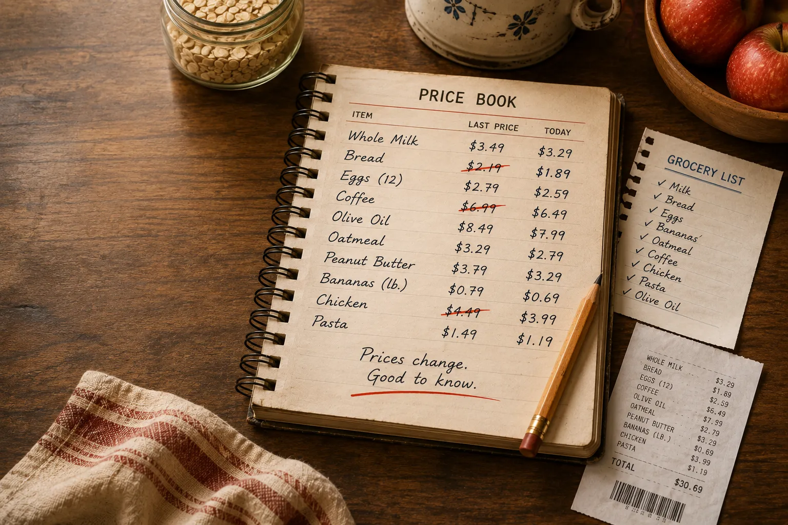 A handwritten grocery price book comparing previous and current prices beside a grocery list and receipt on a warm kitchen table.