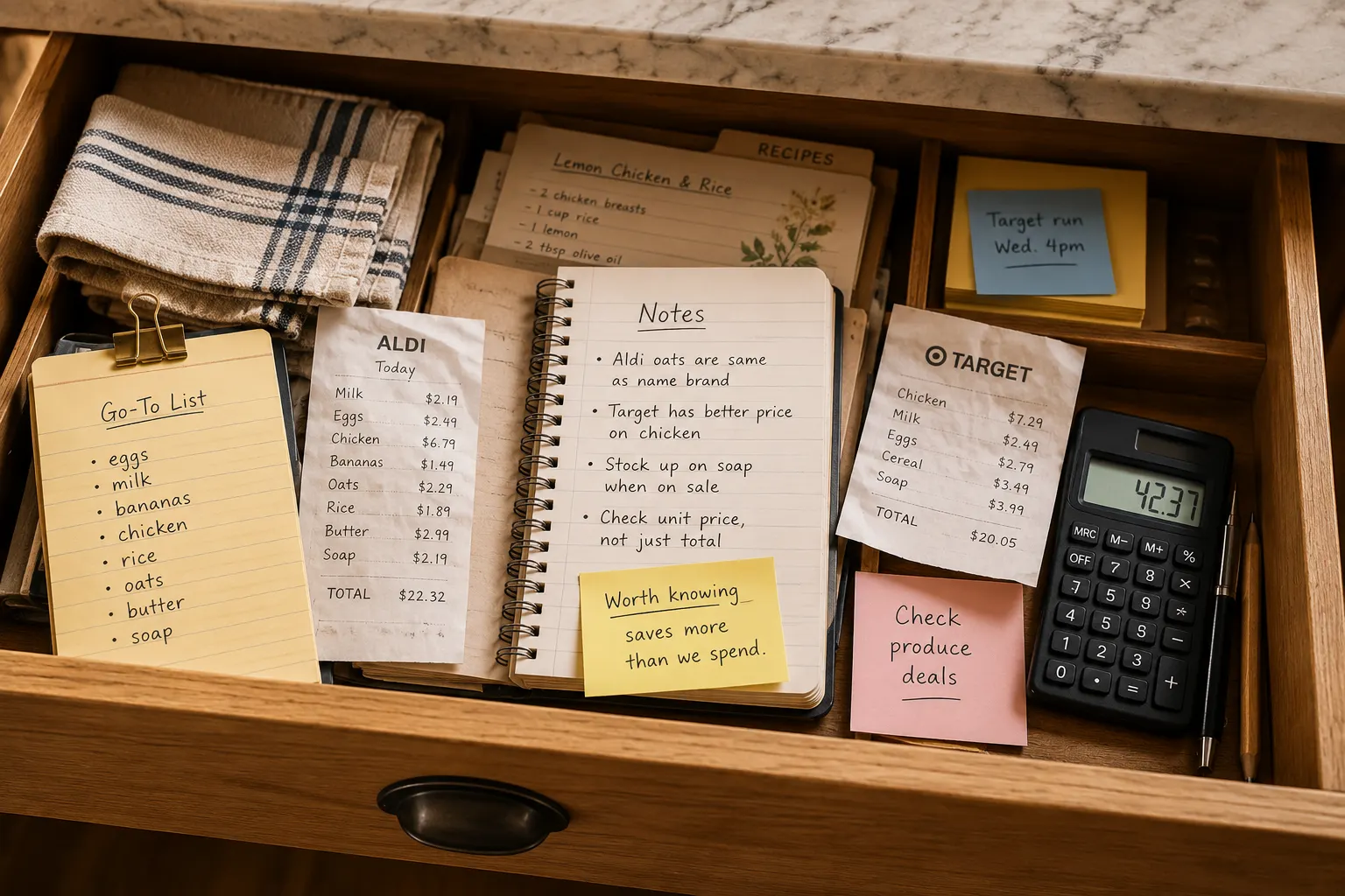 An open kitchen drawer filled with grocery lists, receipts, handwritten shopping notes, a calculator, and other household shopping reminders.